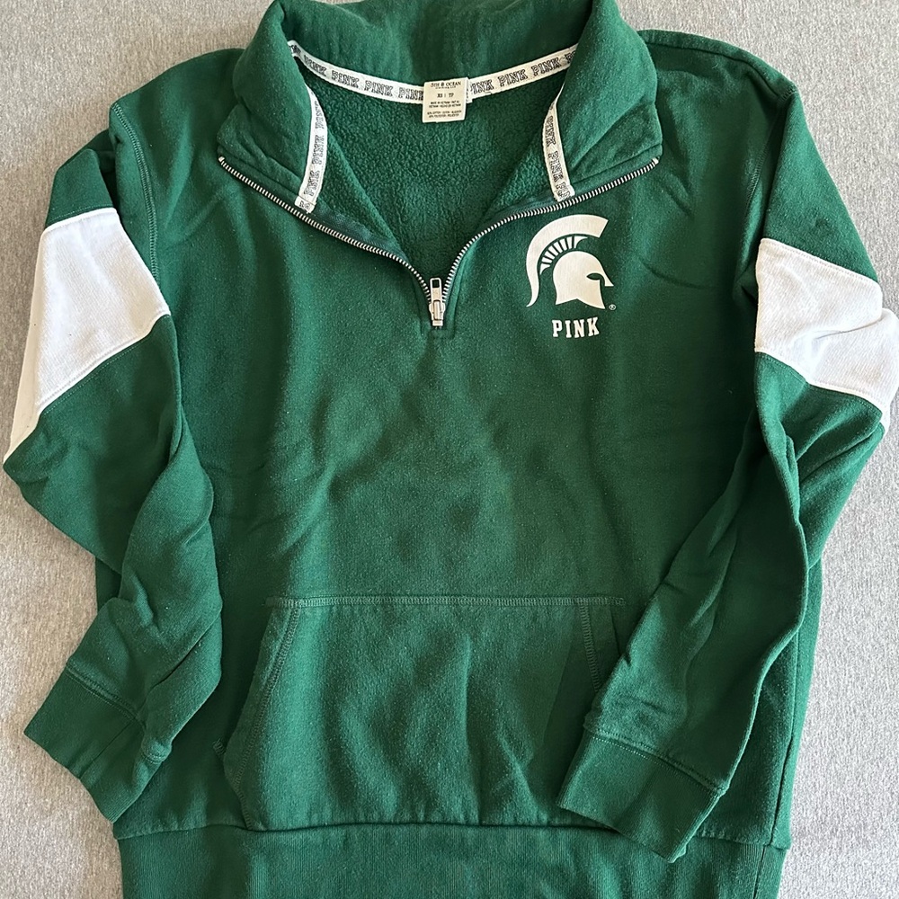 PINK Victoria's Secret Green and White Quarter Zip Up MICHIGAN STATE